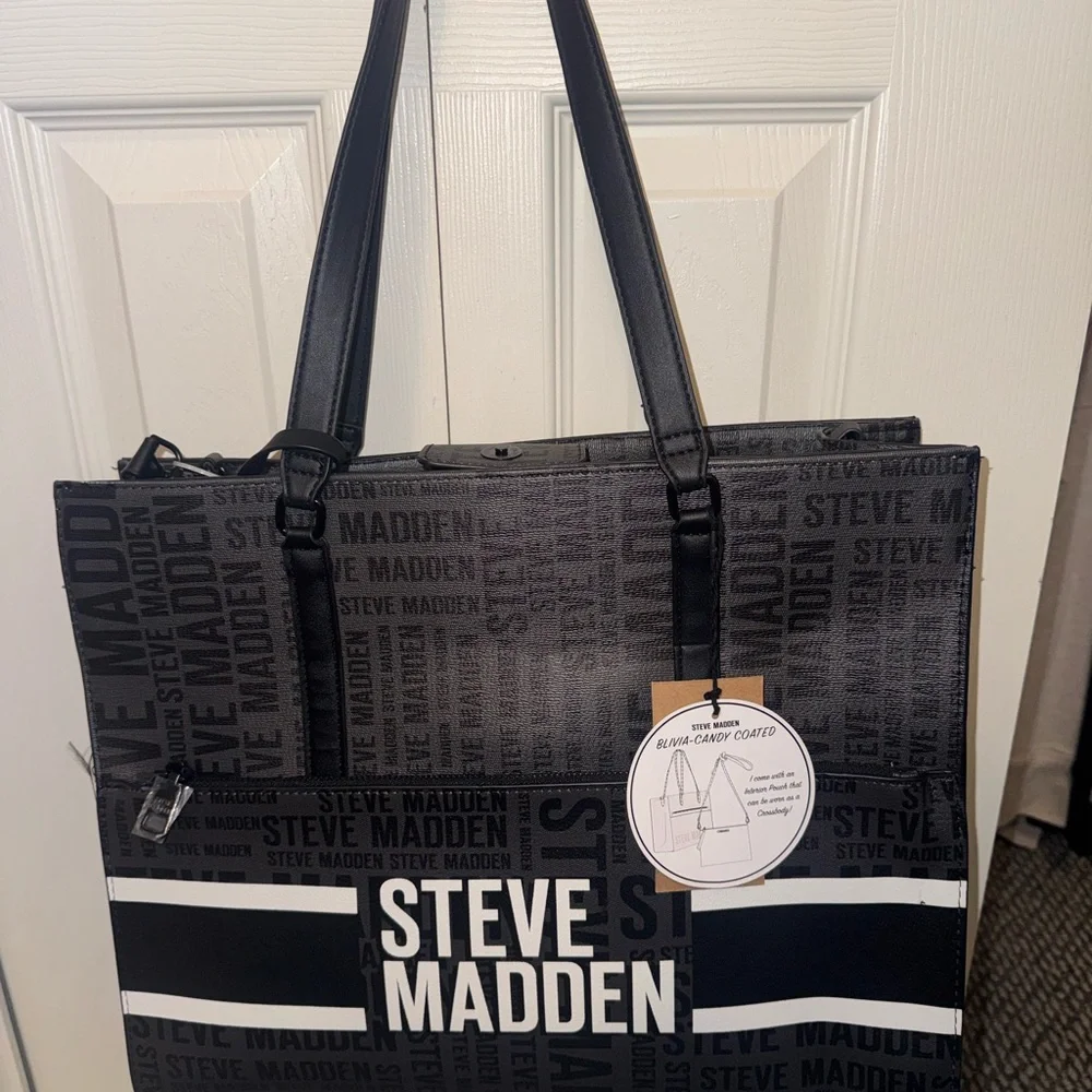 Steve Madden Black and Gray Logo Laptop Bag